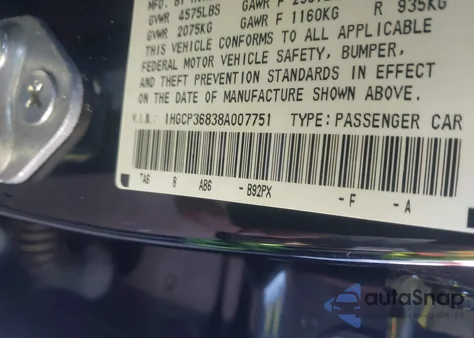 2008 Honda Accord 3.5 Ex-L из США, поврежденный, VIN 1HGCP36838A007751